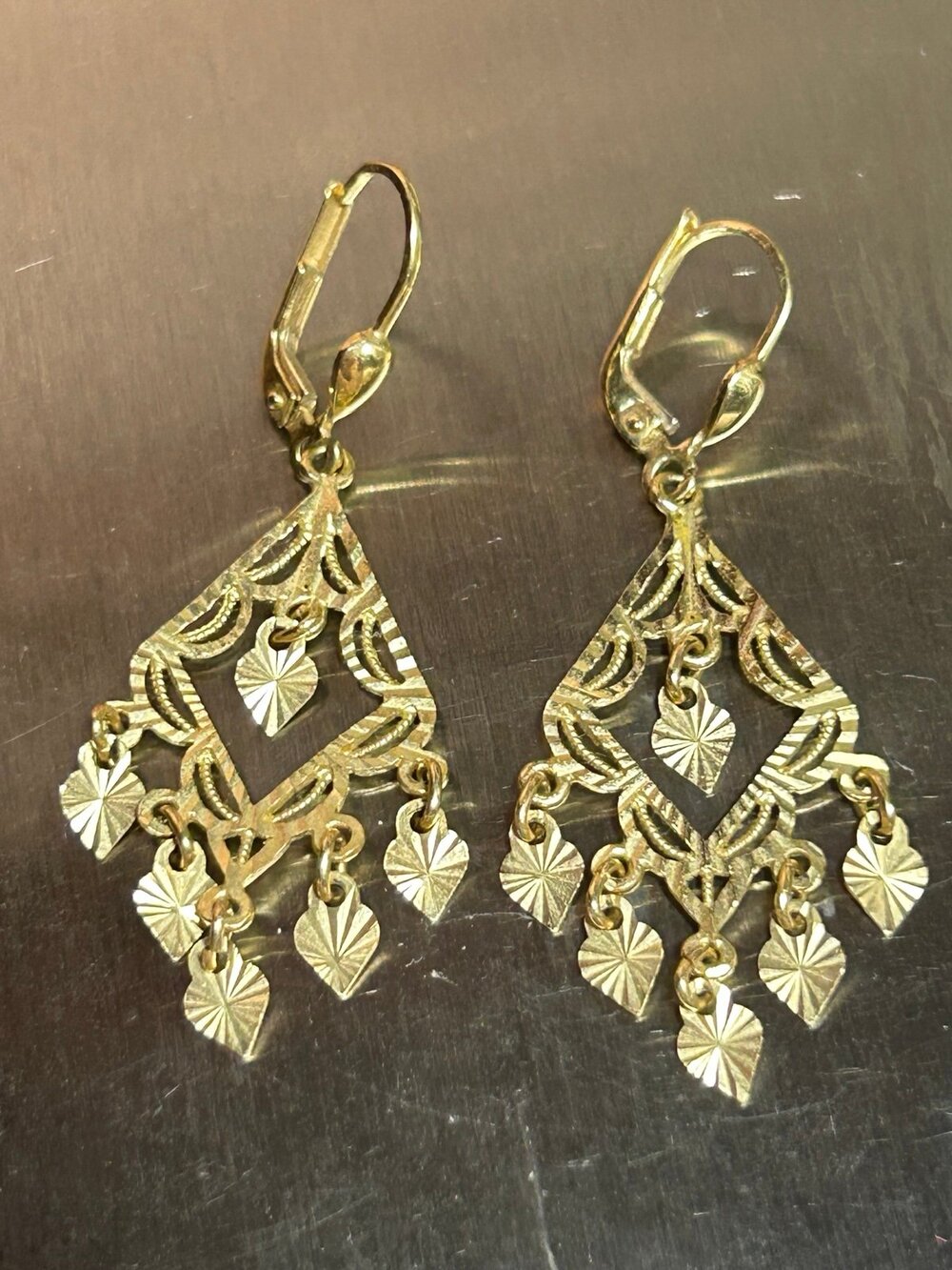 Vintage 14k solid yellow gold turkey gold filigree diamond cut drop earrings